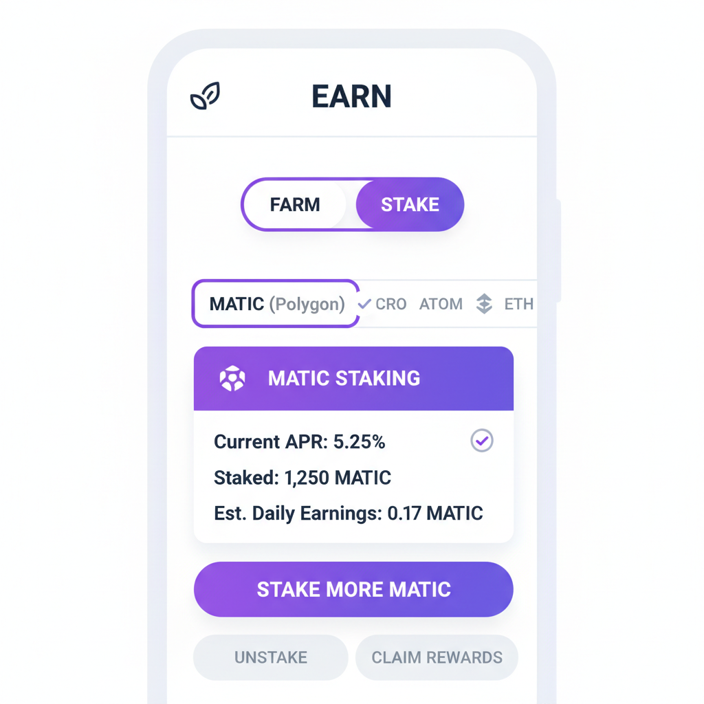 Crypto.com DeFi Wallet earn tab with MATIC staking option selected, clean UI
