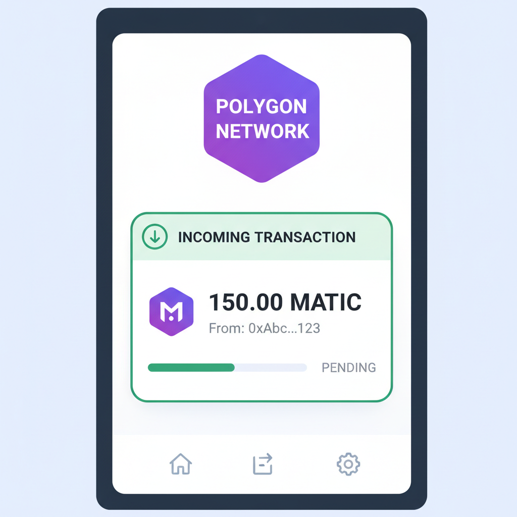 crypto wallet interface showing MATIC transfer incoming, polygon network highlighted