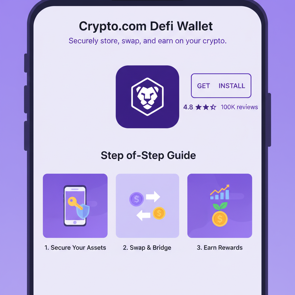 mobile app store screenshot of Crypto.com DeFi Wallet download page, vibrant purple theme