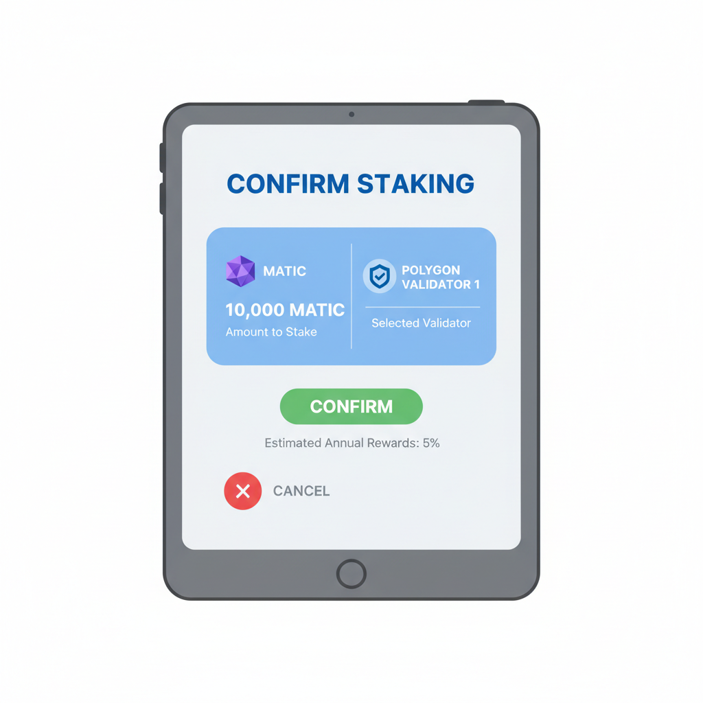 staking confirmation screen with MATIC amount and validator selection