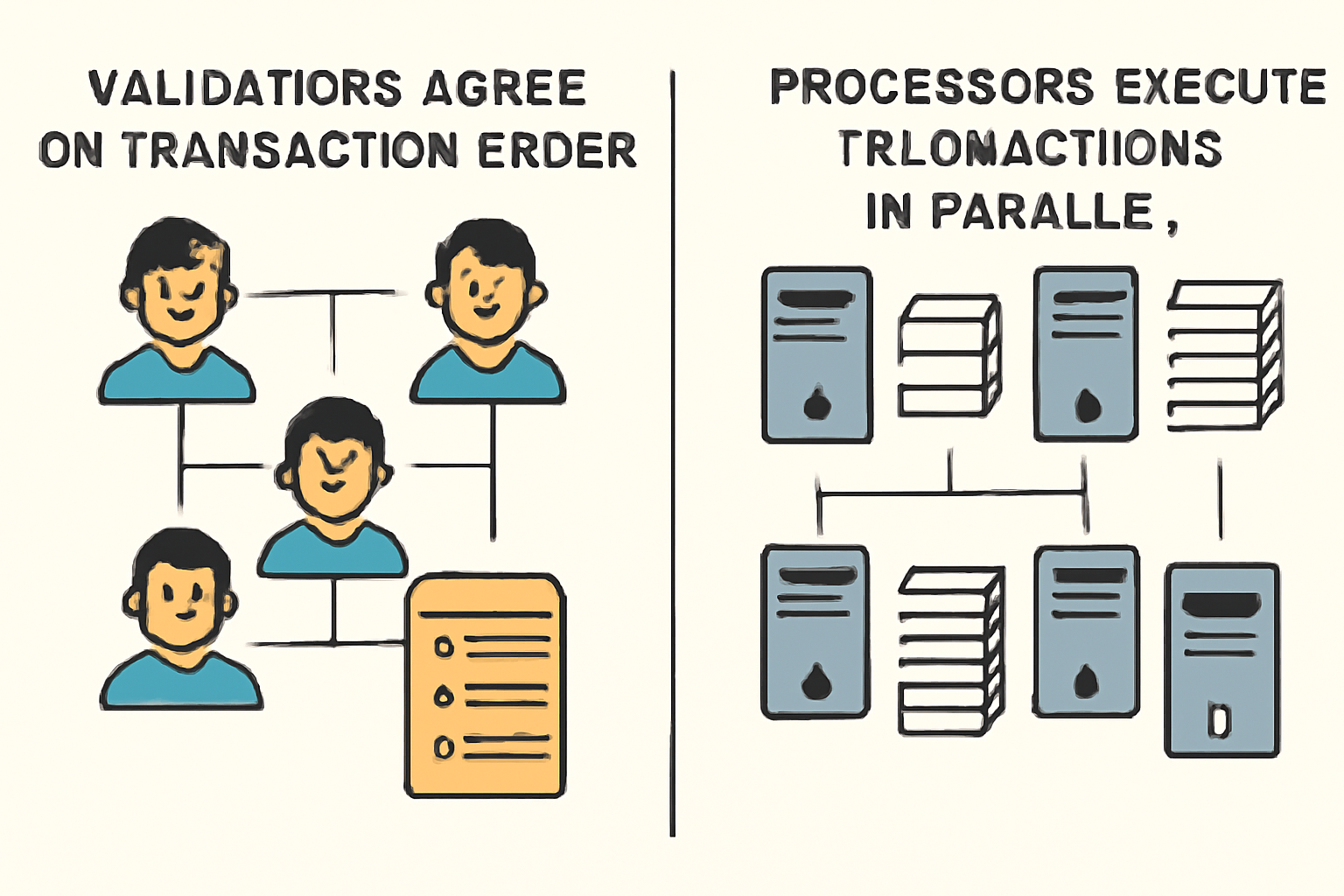 A split screen: on one side, validators agree on transaction order; on the other, multiple processors execute transactions in parallel, both happening simultaneously.