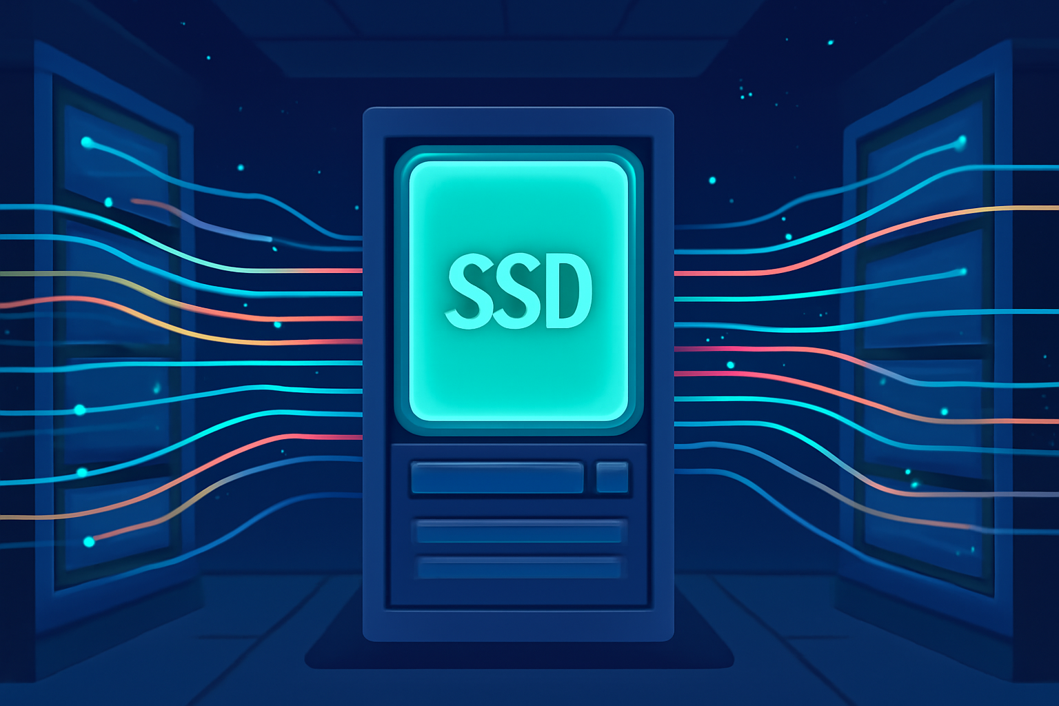 A futuristic data center with glowing SSD storage units and multiple data threads flowing in and out, illustrating high-performance parallel data access.