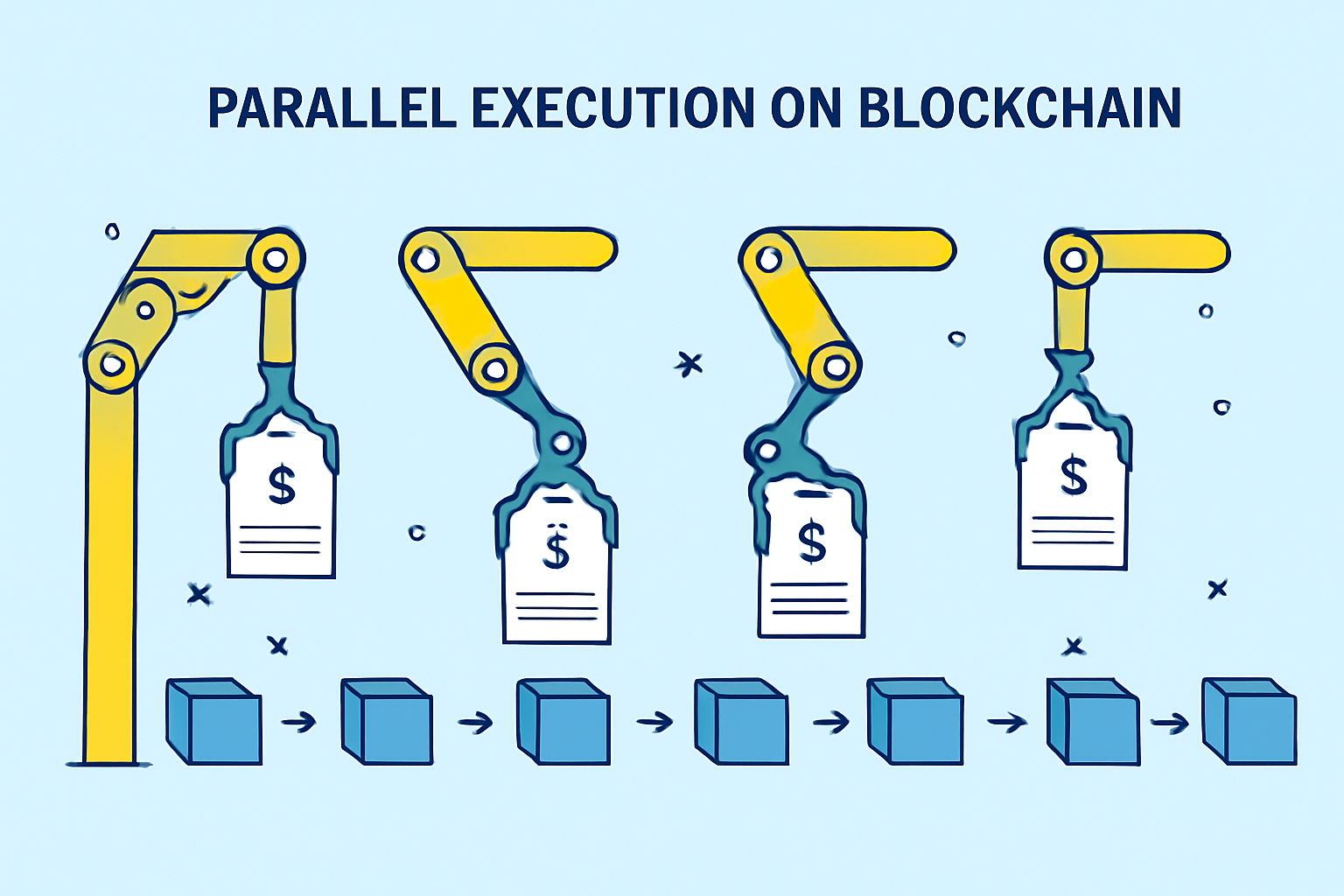 Multiple streams of digital transactions being processed simultaneously by several robotic arms, representing parallel execution on a blockchain.