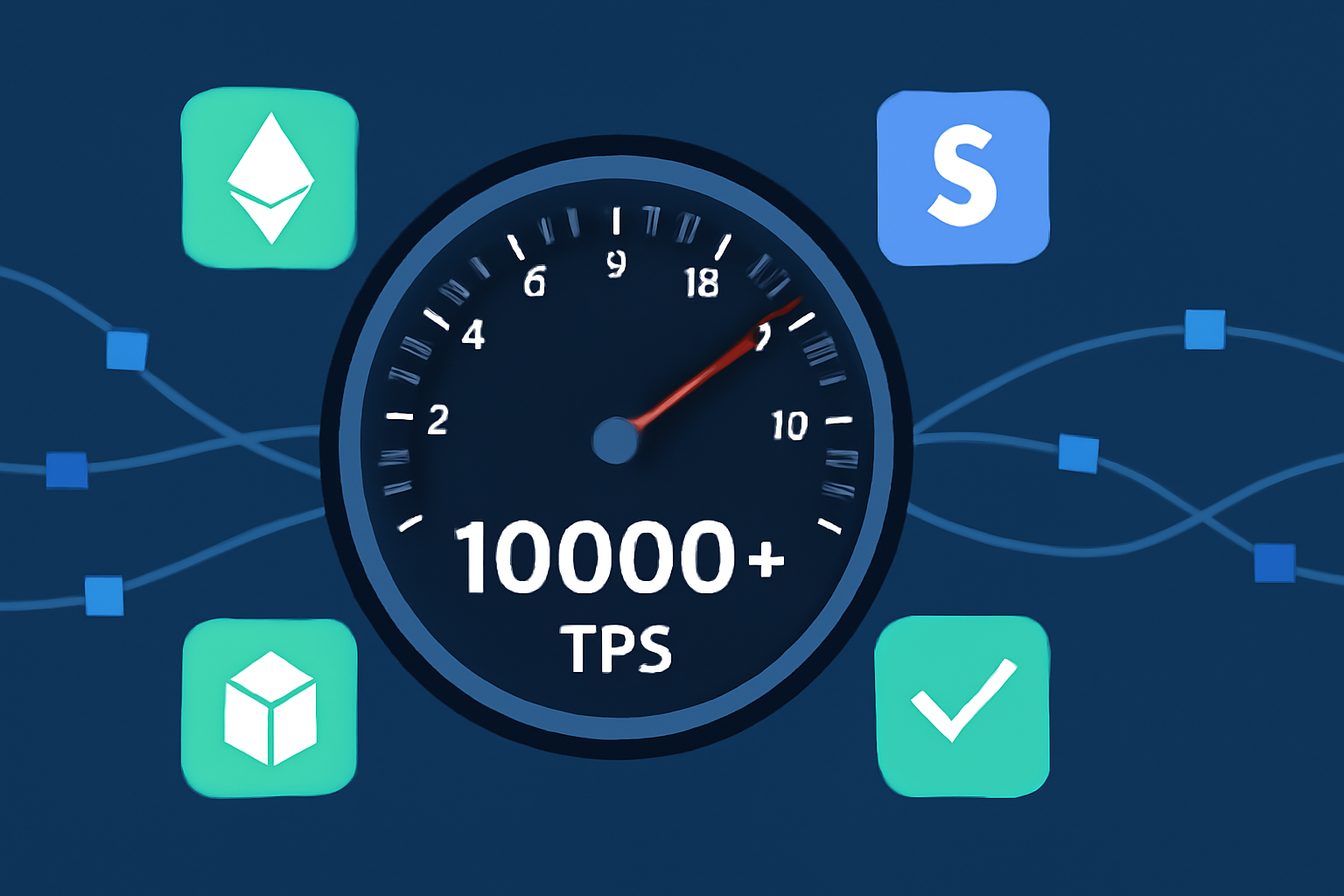 A digital speedometer showing 10,000+ TPS, with EVM app icons and a smooth, fast-moving blockchain network in the background.