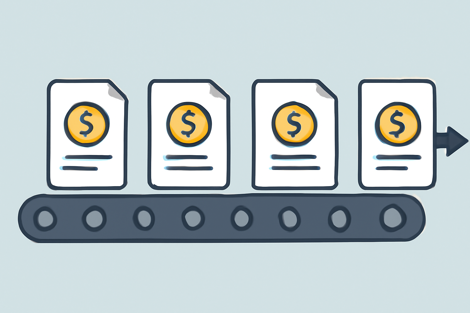 A single file line of digital transactions being processed one by one on a conveyor belt, symbolizing sequential execution in a blockchain.