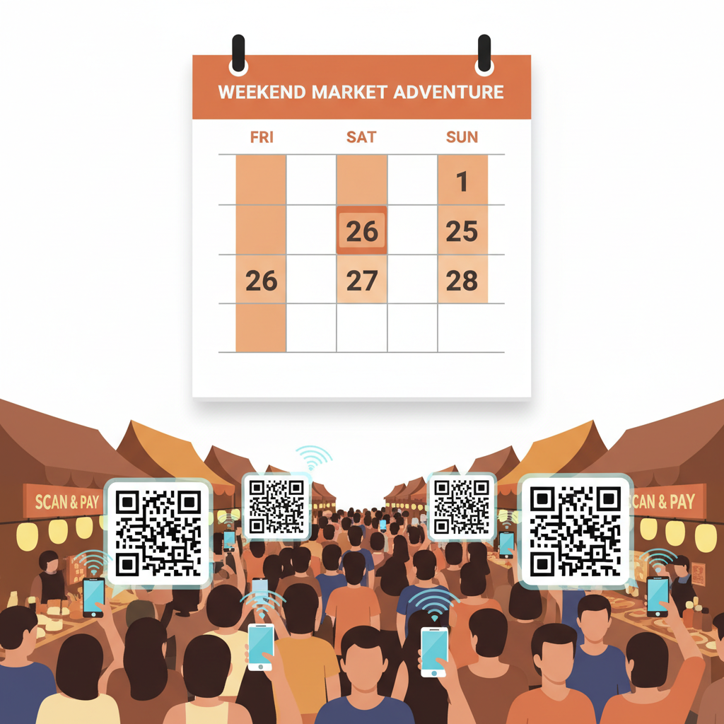 calendar marking Fri-Sun with bustling Thai night market crowd scanning QR codes