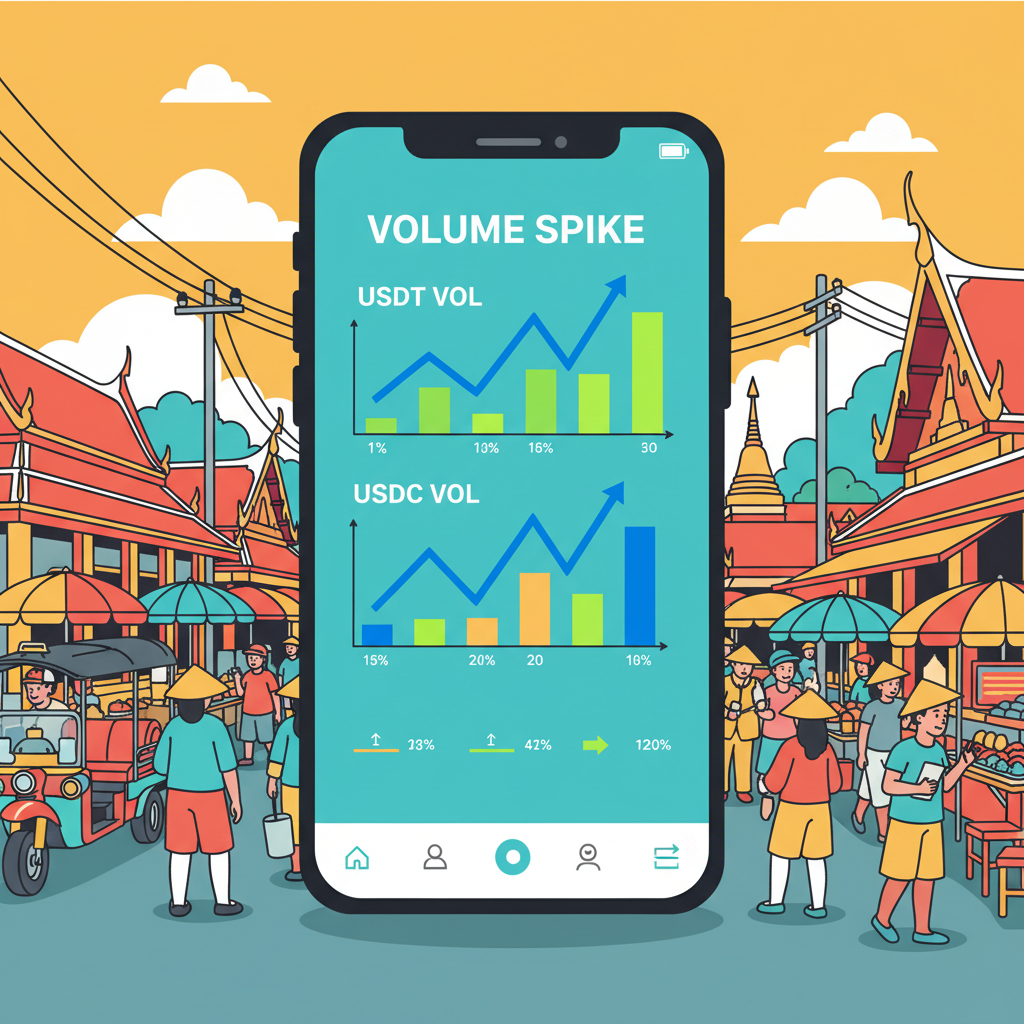 smartphone screen showing USDT USDC volume spike charts, vibrant market background Thailand street