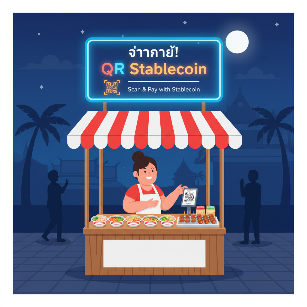 Thai street vendor stall with colorful sign promoting stablecoin QR payments, smiling vendor