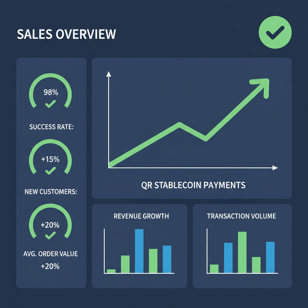analytics dashboard with rising sales graphs from QR stablecoin payments, green success metrics