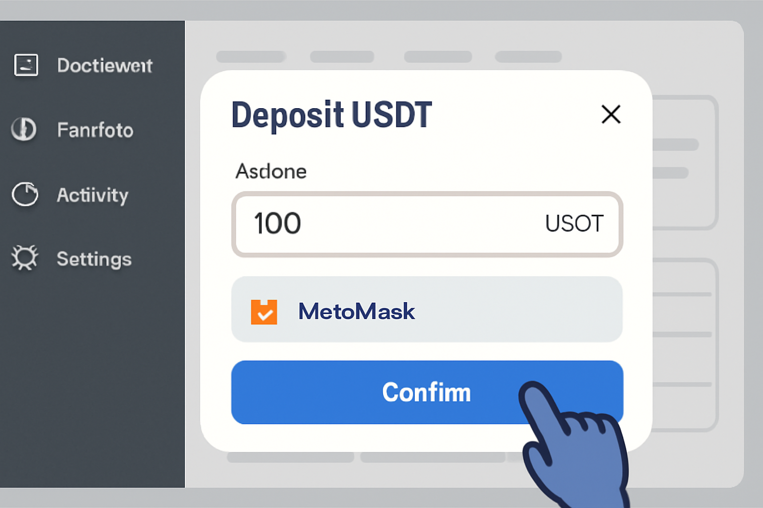 A dashboard with a 'Deposit USDT' modal open, showing a user entering an amount and confirming via MetaMask.