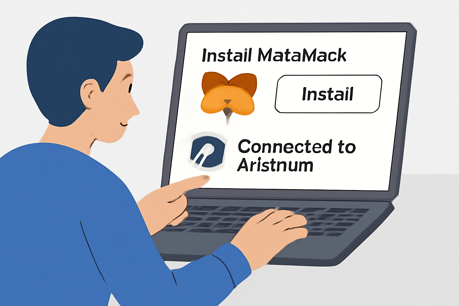A user installing MetaMask wallet and connecting it to the Arbitrum network on a laptop screen, clear UI elements visible.