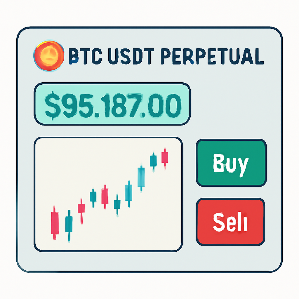 A trading interface displaying the BTC-USDT perpetual contract, with the current price of $95,187.00 highlighted.