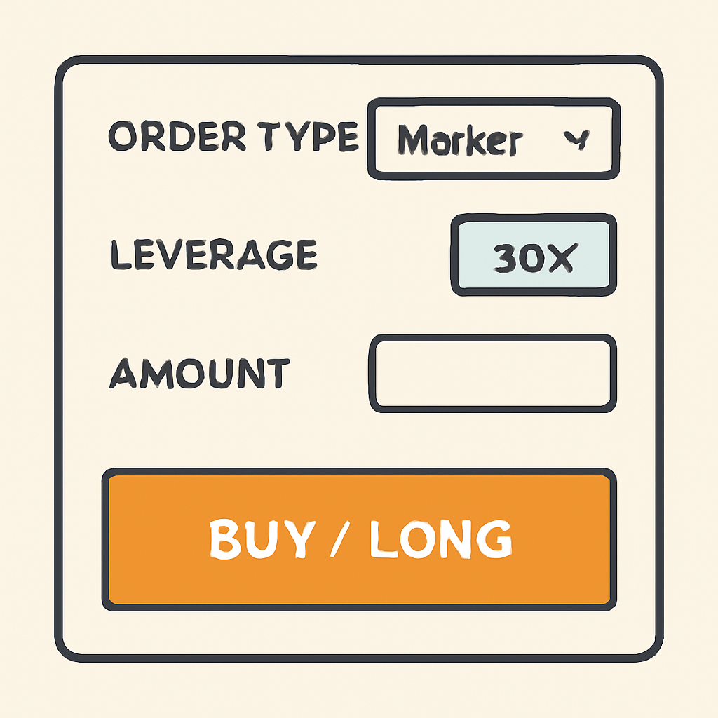 A trading panel where a user selects order type, inputs leverage (e.g., 10x), and specifies trade amount.