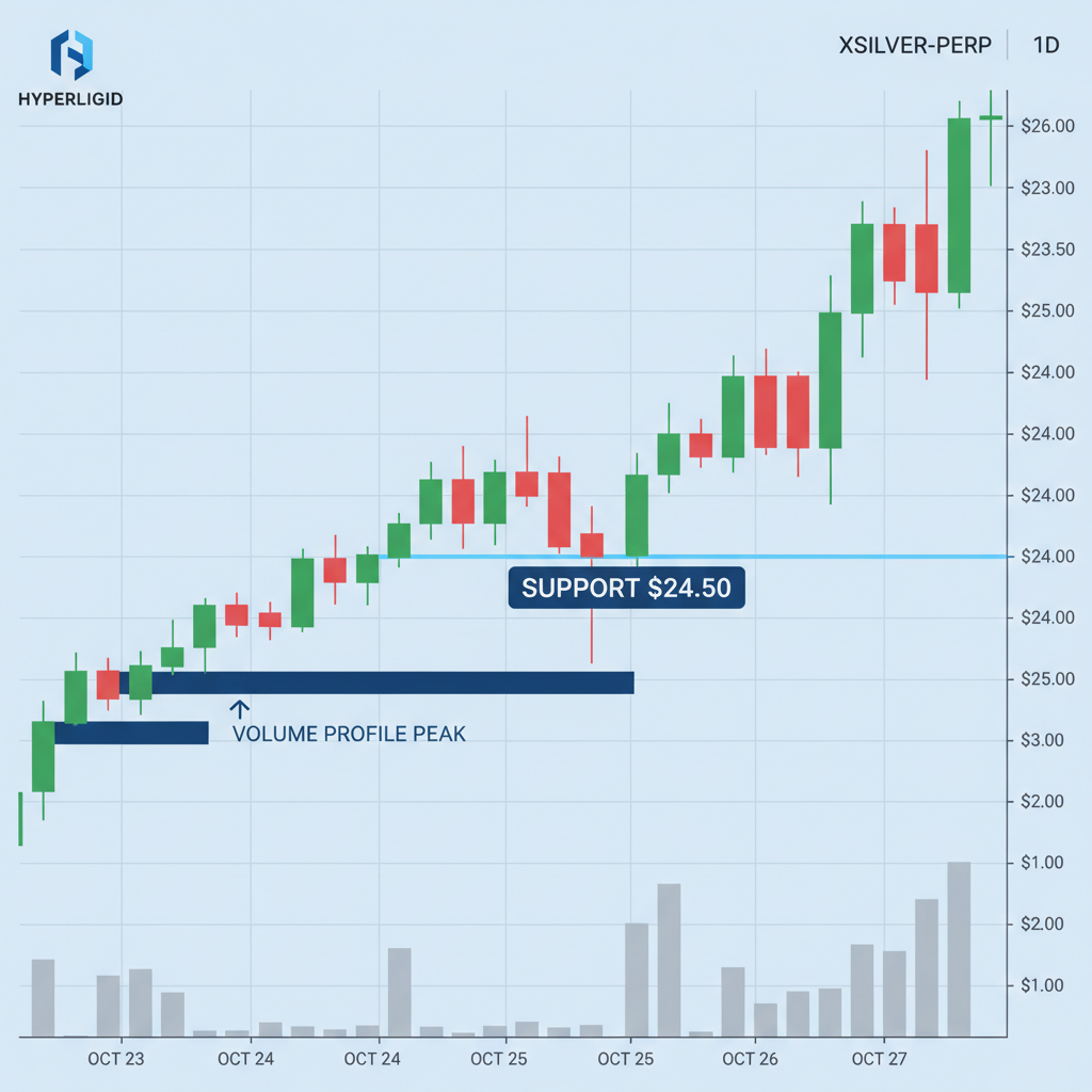 clean trading chart silver perps volume profile at $24.50 support level Hyperliquid DEX style