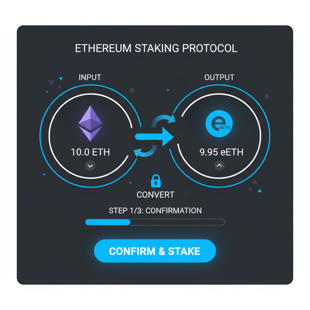 sleek ethereum staking dashboard showing ETH to eETH conversion, glowing blue UI, futuristic