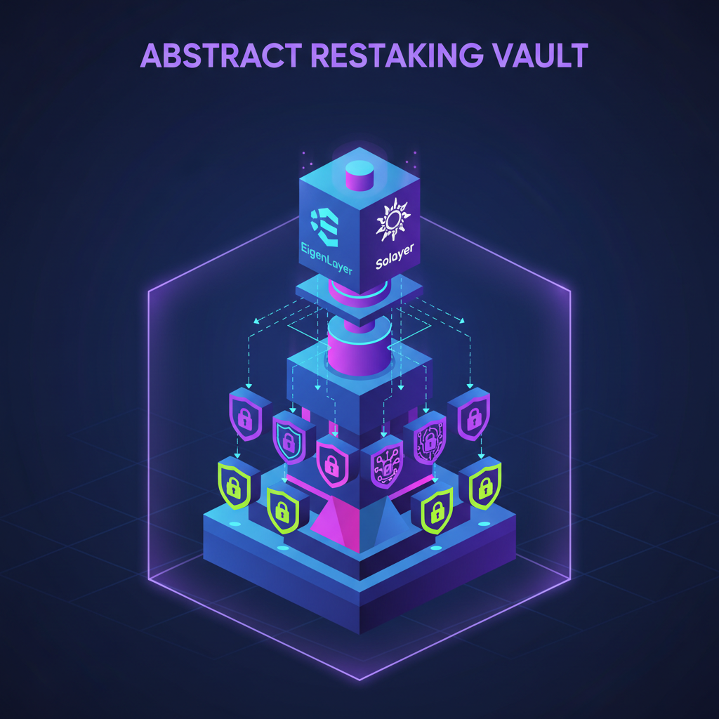 abstract restaking vault with EigenLayer and Solayer logos, layered security nodes, neon purple