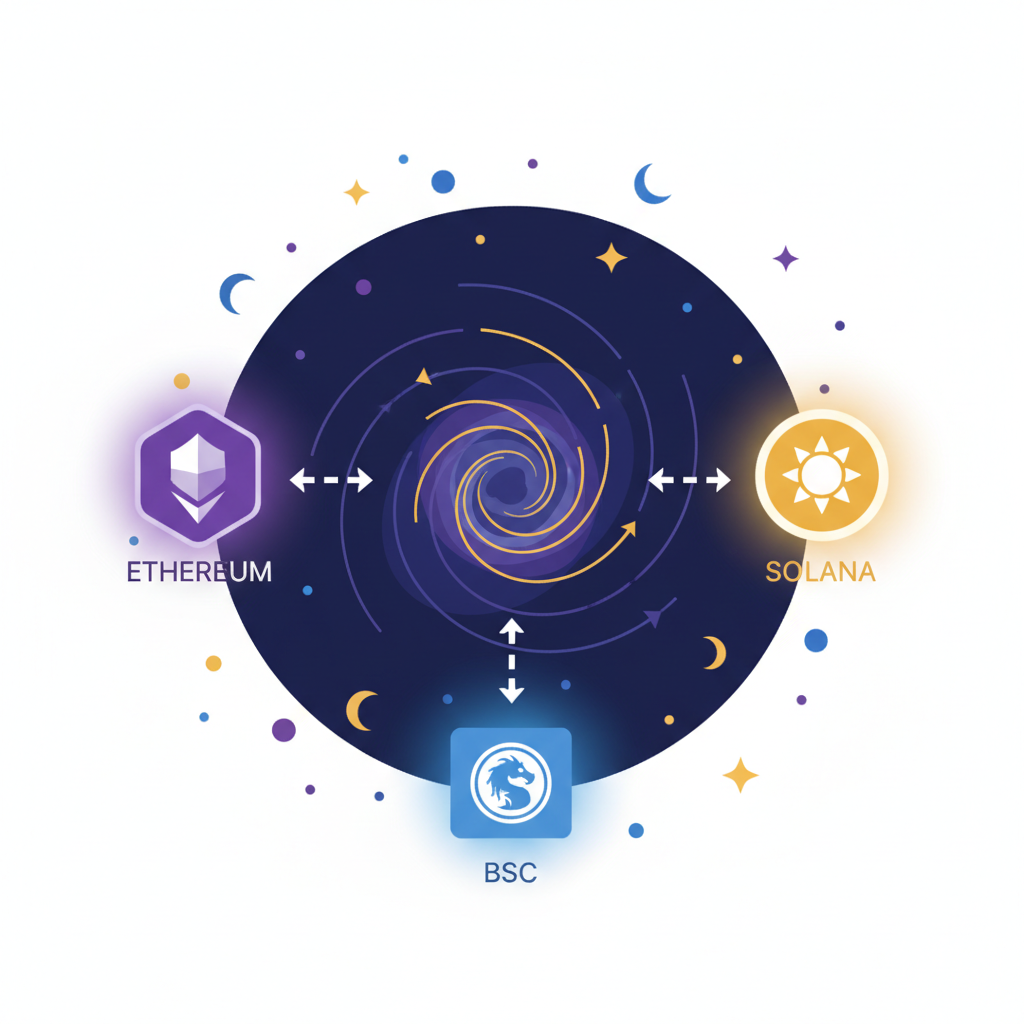 wormhole bridge portal connecting Ethereum Solana BSC chains, swirling energy vortex, cosmic