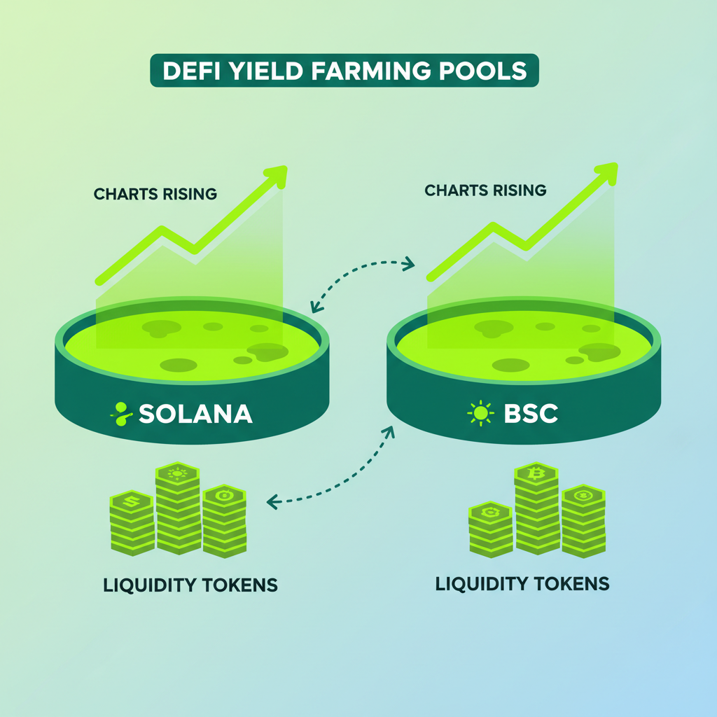 defi yield farming pools on Solana BSC, charts rising, liquidity tokens stacking, vibrant green