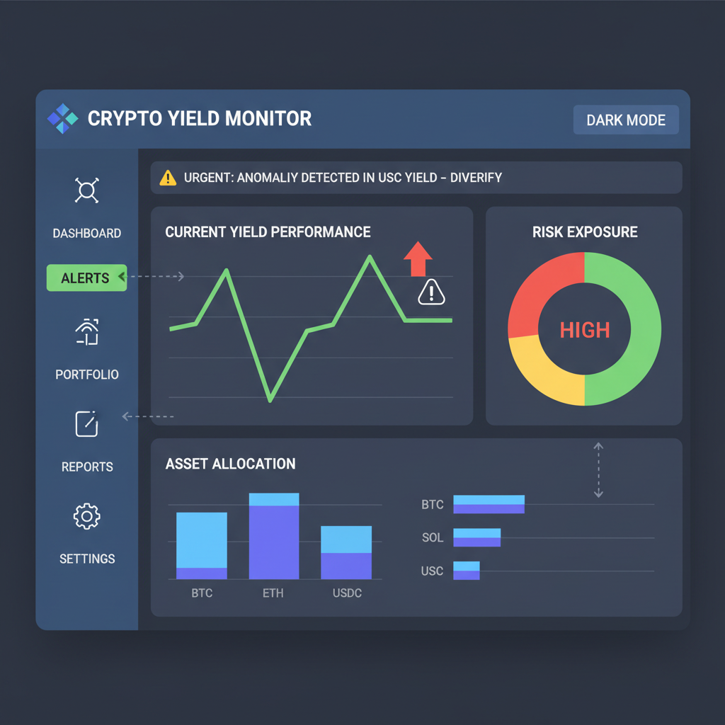 risk dashboard monitoring crypto yields, alerts and charts, dark mode professional interface