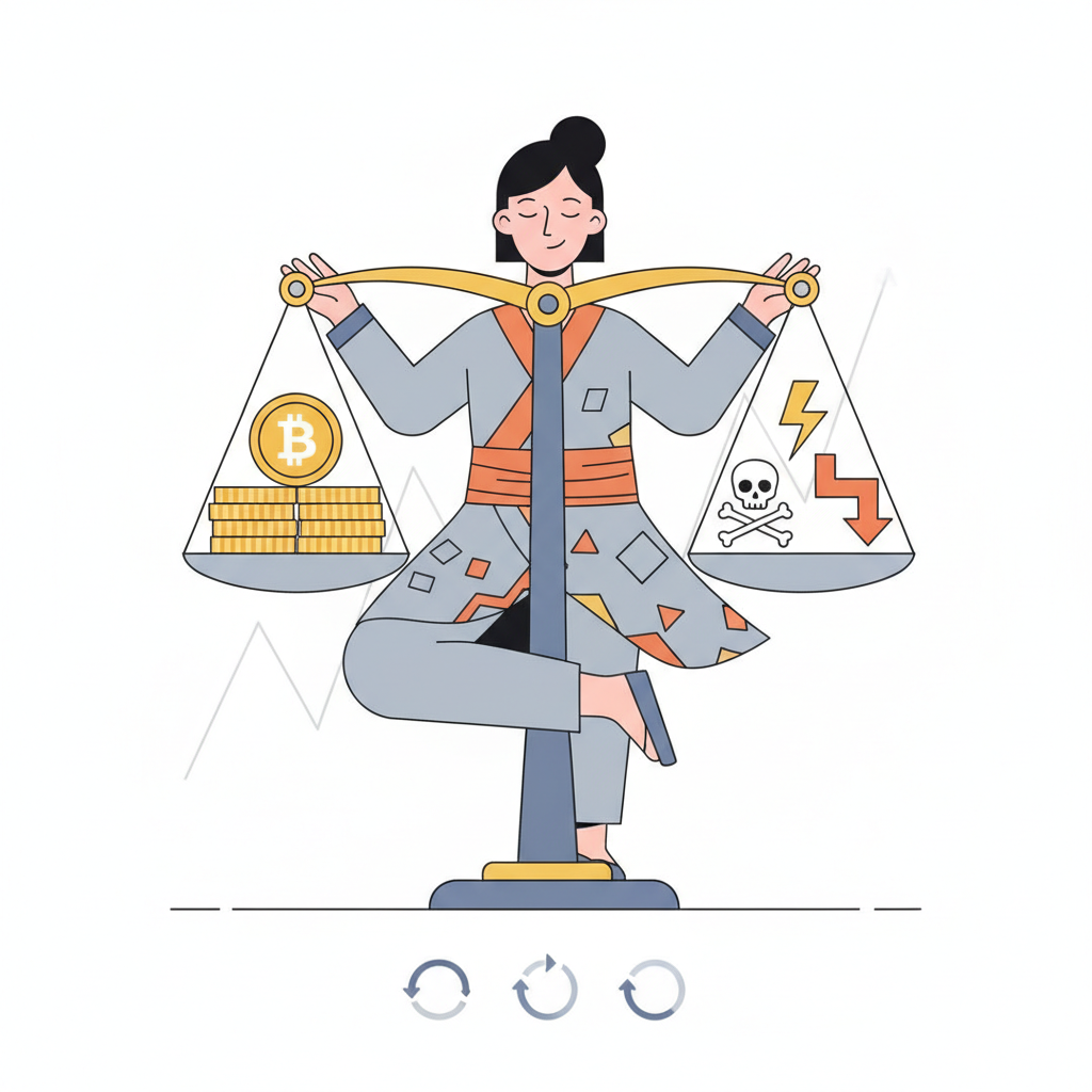 person balancing scales with bitcoin coins and risk icons, calm thoughtful expression