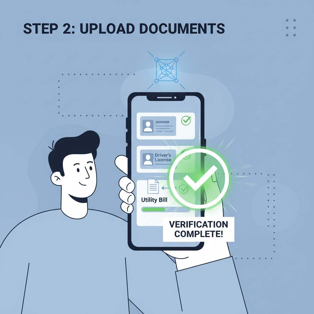 person uploading ID documents to phone app, verification checkmark glowing