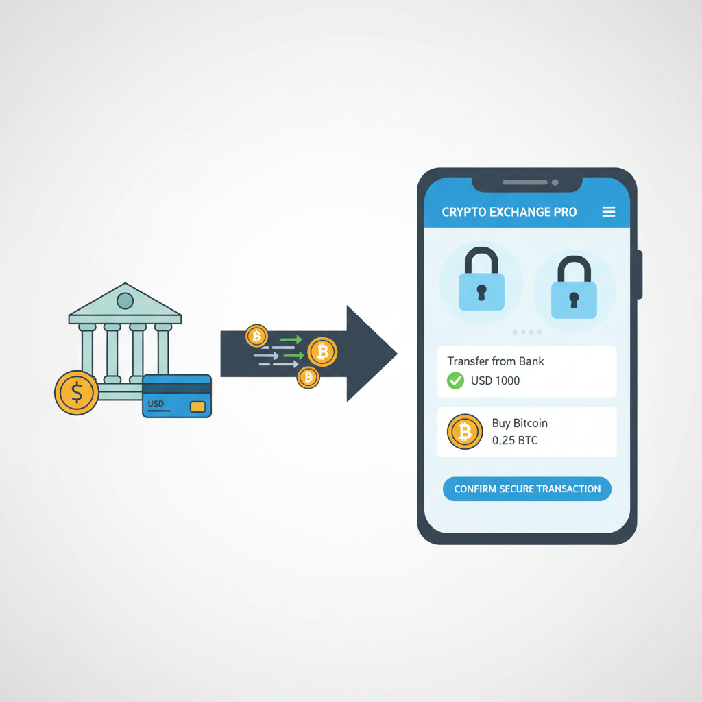 bank transfer arrow to crypto exchange app, secure lock icons, USD to BTC flow