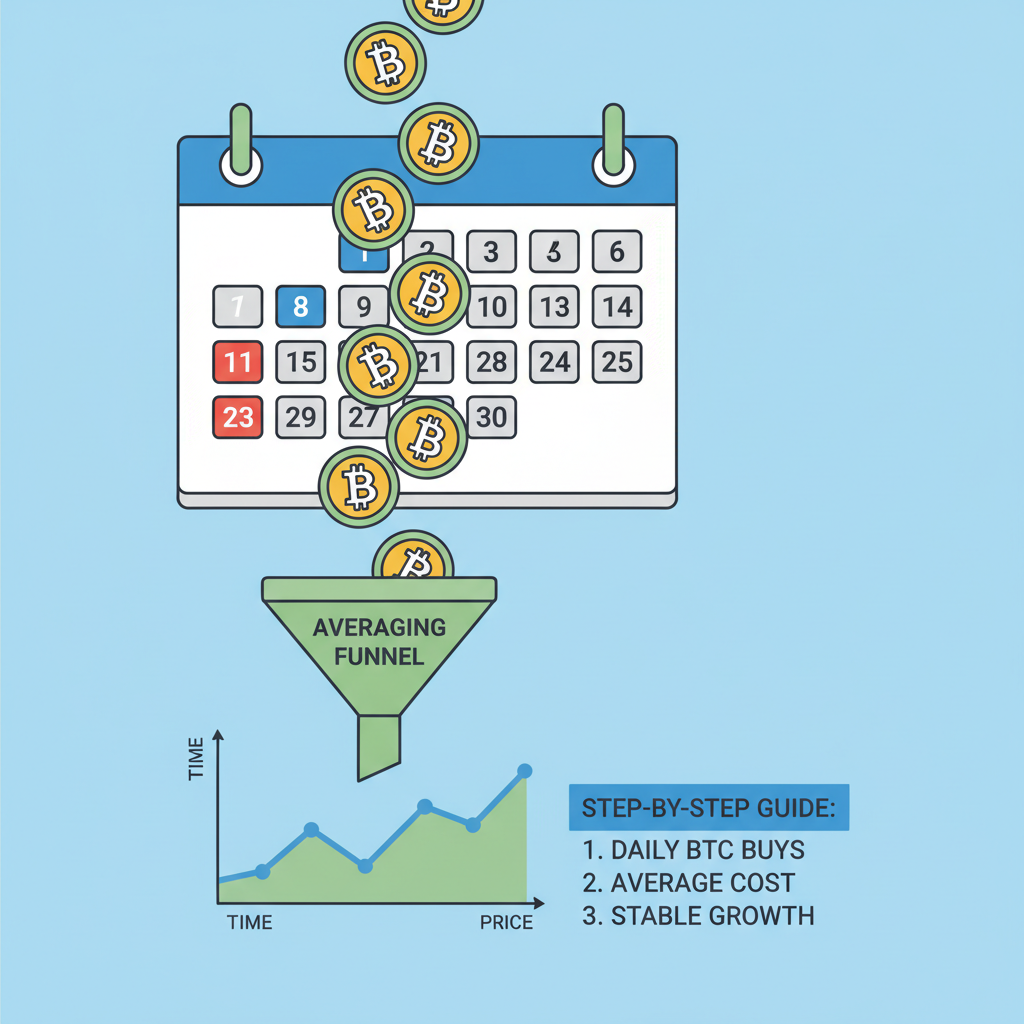 calendar with daily BTC buys dropping into averaging funnel, price chart stabilizing