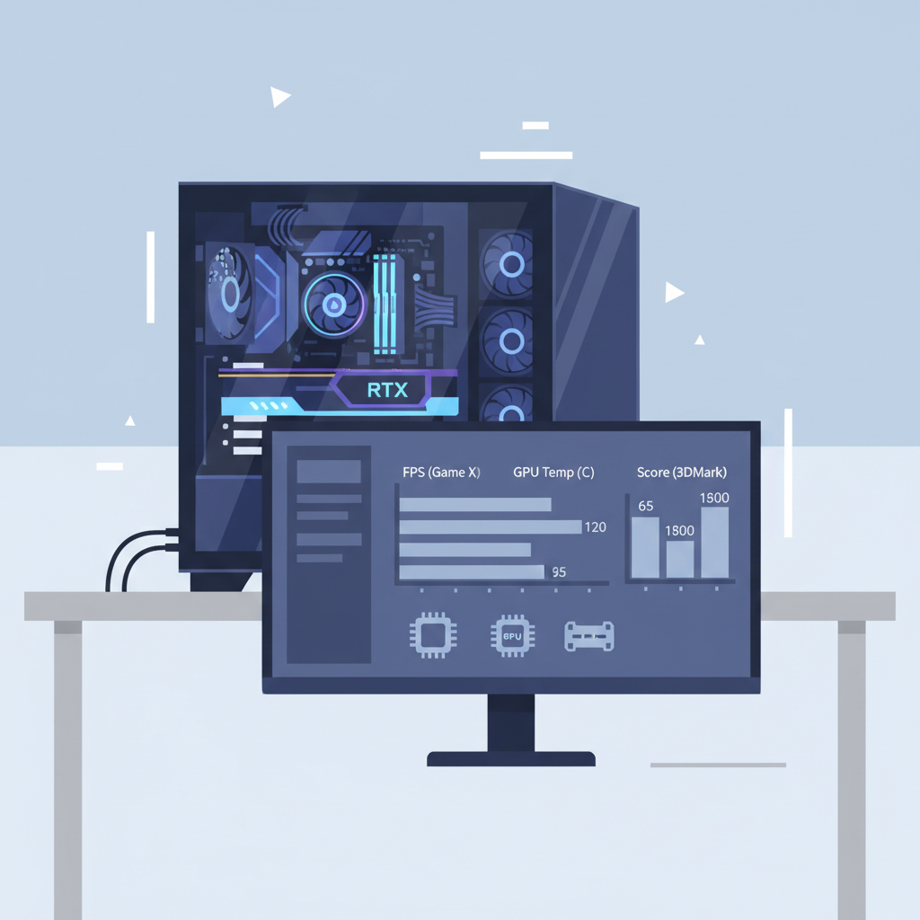 gaming PC with RTX GPU lit up, tech benchmarks on screen