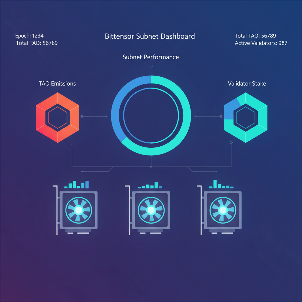 Bittensor subnet dashboard, glowing charts and GPUs