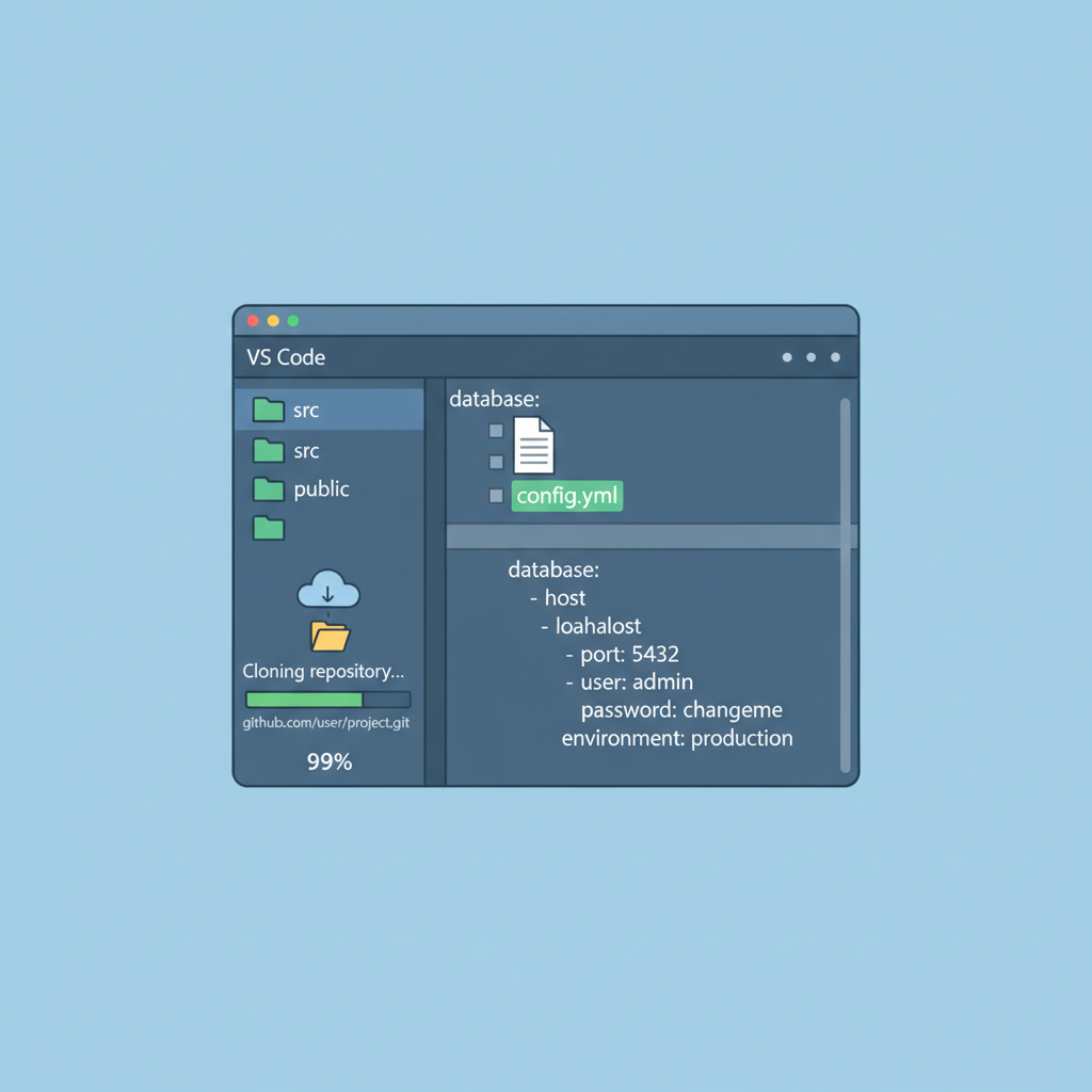 code editor cloning GitHub repo, config file open