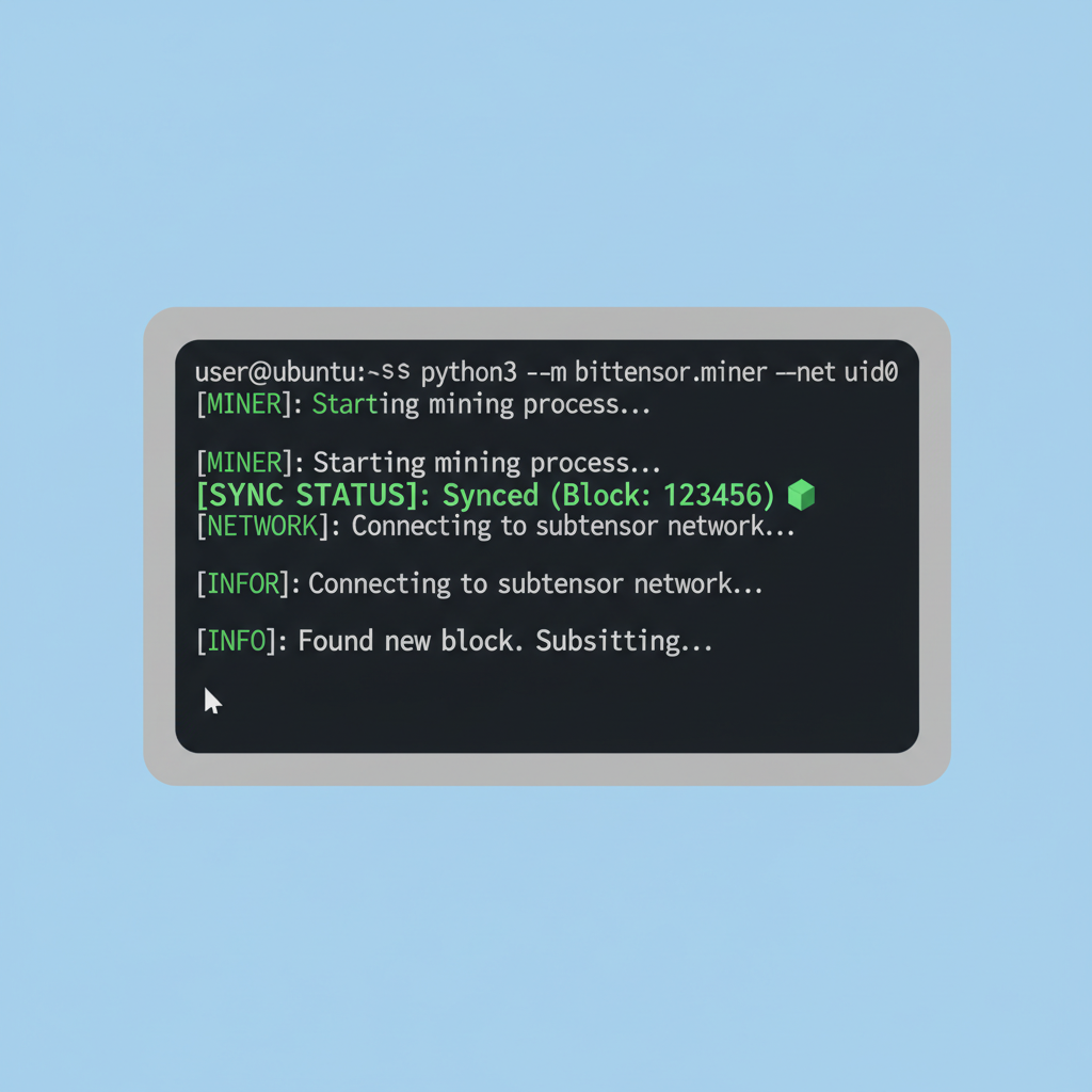 terminal running Bittensor miner, green sync status