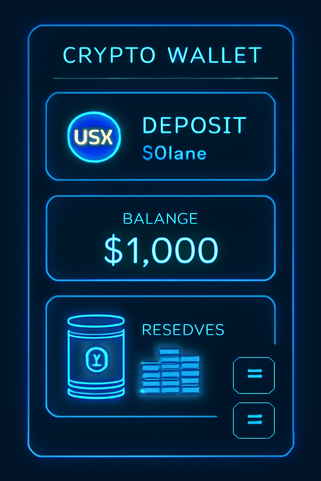 futuristic crypto wallet interface displaying USX stablecoin deposit on Solana blockchain, glowing blue reserves, high-tech UI