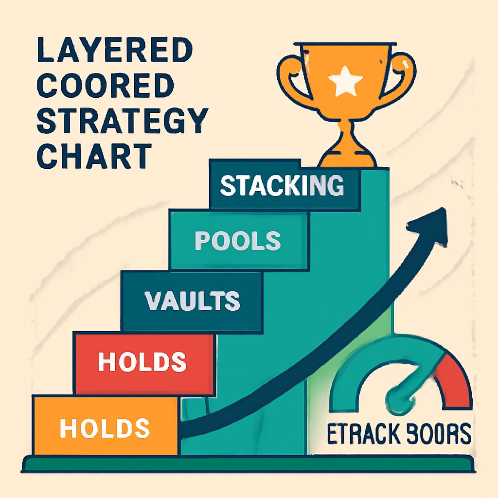 layered crypto strategy chart showing holds vaults pools stacking to elite tier trophy, Ethos score meter at peak, exponential growth curves
