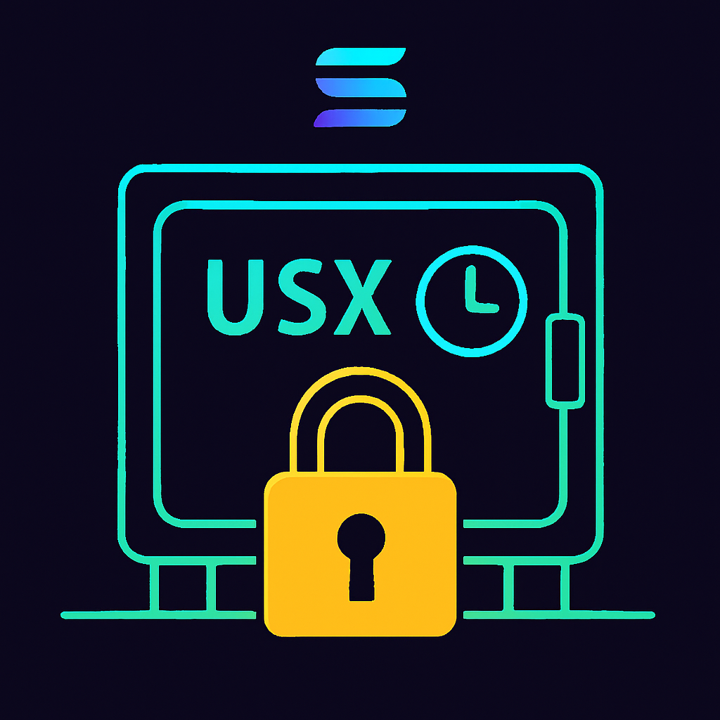 secure time-locked vault on blockchain platform, USX assets locked with timer, golden padlock, Solana neon aesthetics