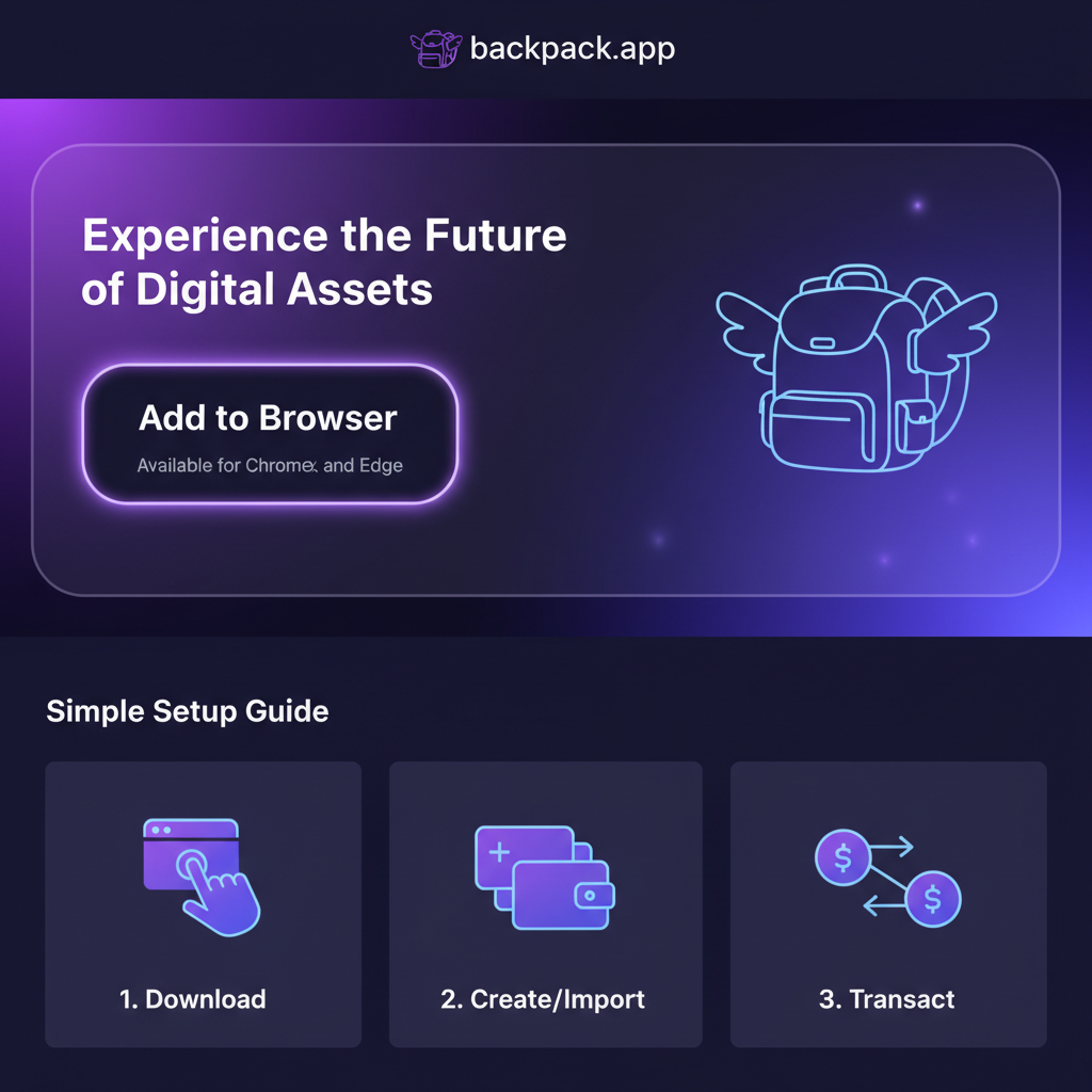 sleek browser extension download page for Backpack wallet on backpack.app, Solana purple glow, futuristic UI, high energy
