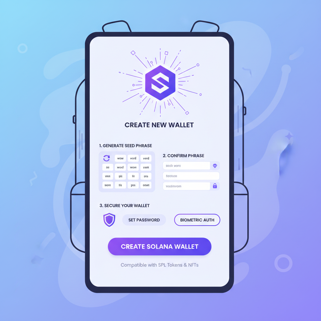 Backpack wallet interface creating new Solana wallet, vibrant purple Solana logo, clean modern app screen, dynamic energy