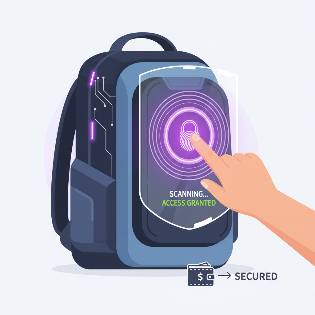 fingerprint scan activating Backpack wallet security, biometric lock glowing purple, high-tech secure interface