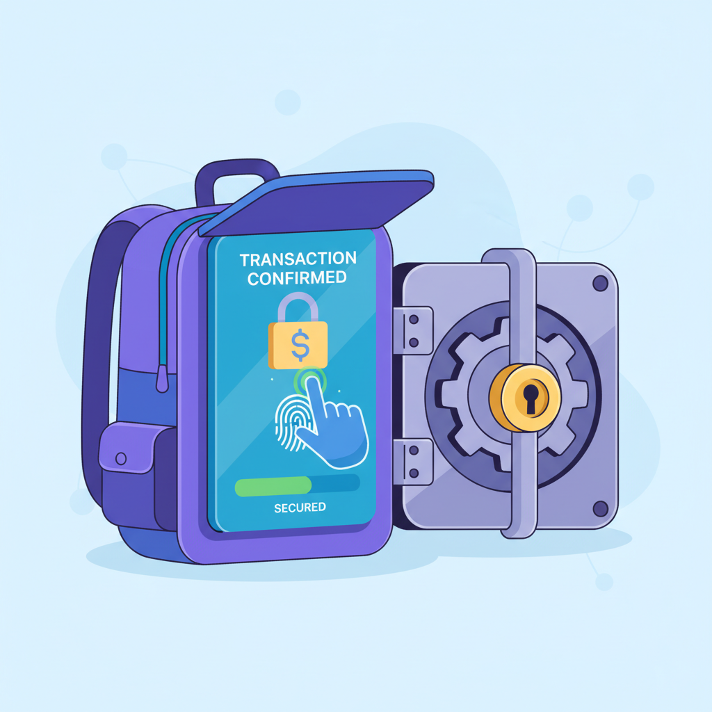 secure transaction confirmation in backpack, fingerprint scan, locked vault solana theme