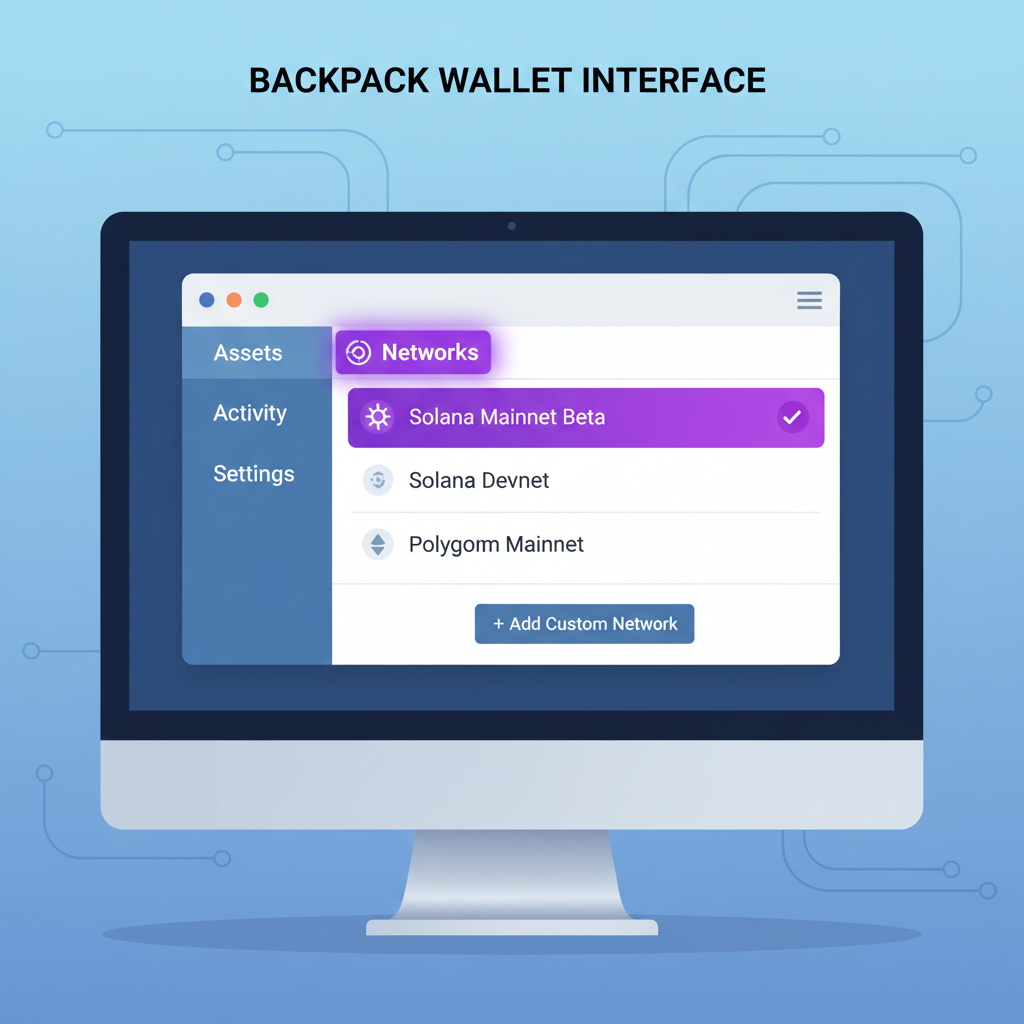 backpack wallet interface open on desktop, networks tab highlighted, vibrant solana purple neon glow