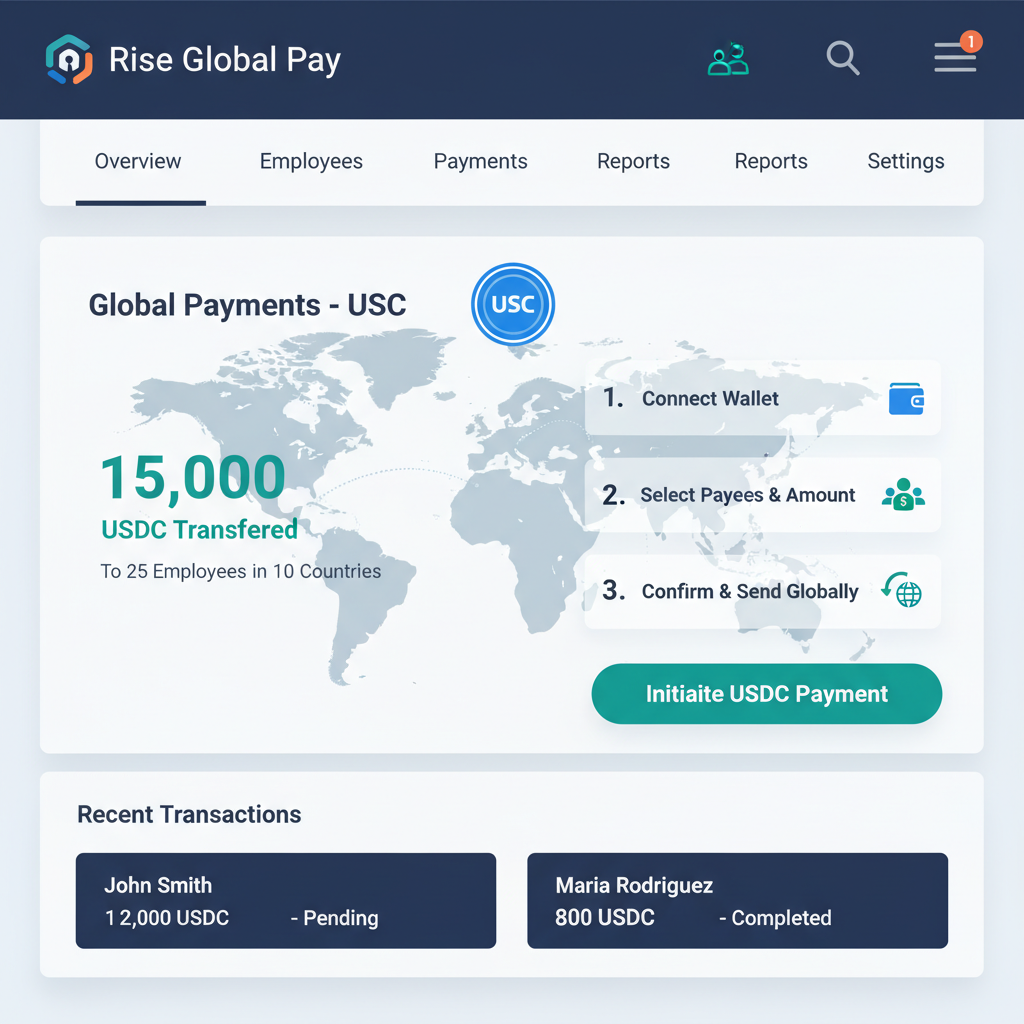 professional dashboard of Rise or Remote payroll platform showing USDC global payments
