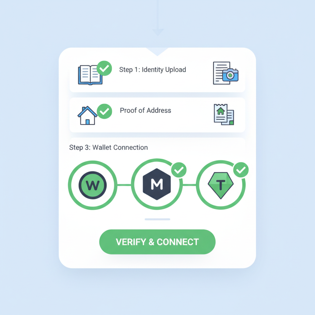 secure KYC verification interface with wallet icons and checkmarks