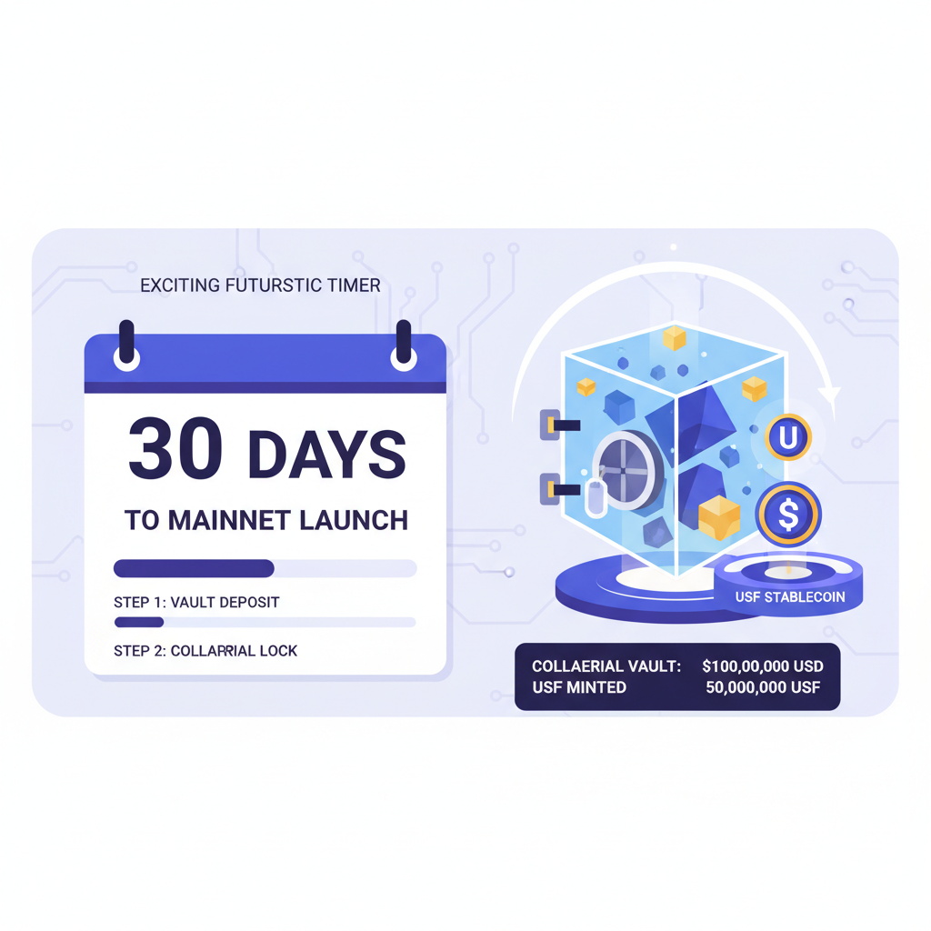 calendar countdown to mainnet launch, USF stablecoin minting from collateral vault, exciting futuristic timer