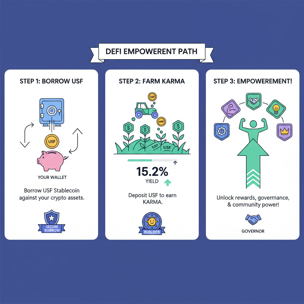 borrowing USF stablecoin and farming Karma tokens, DeFi dashboard with yields, reputation badges, empowering visuals