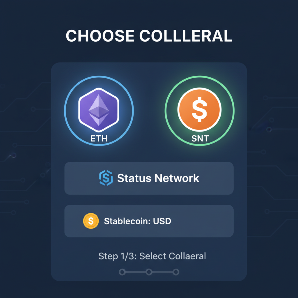 selection screen showing ETH and SNT tokens as collateral options, glowing stablecoin protocol interface, Status Network branding