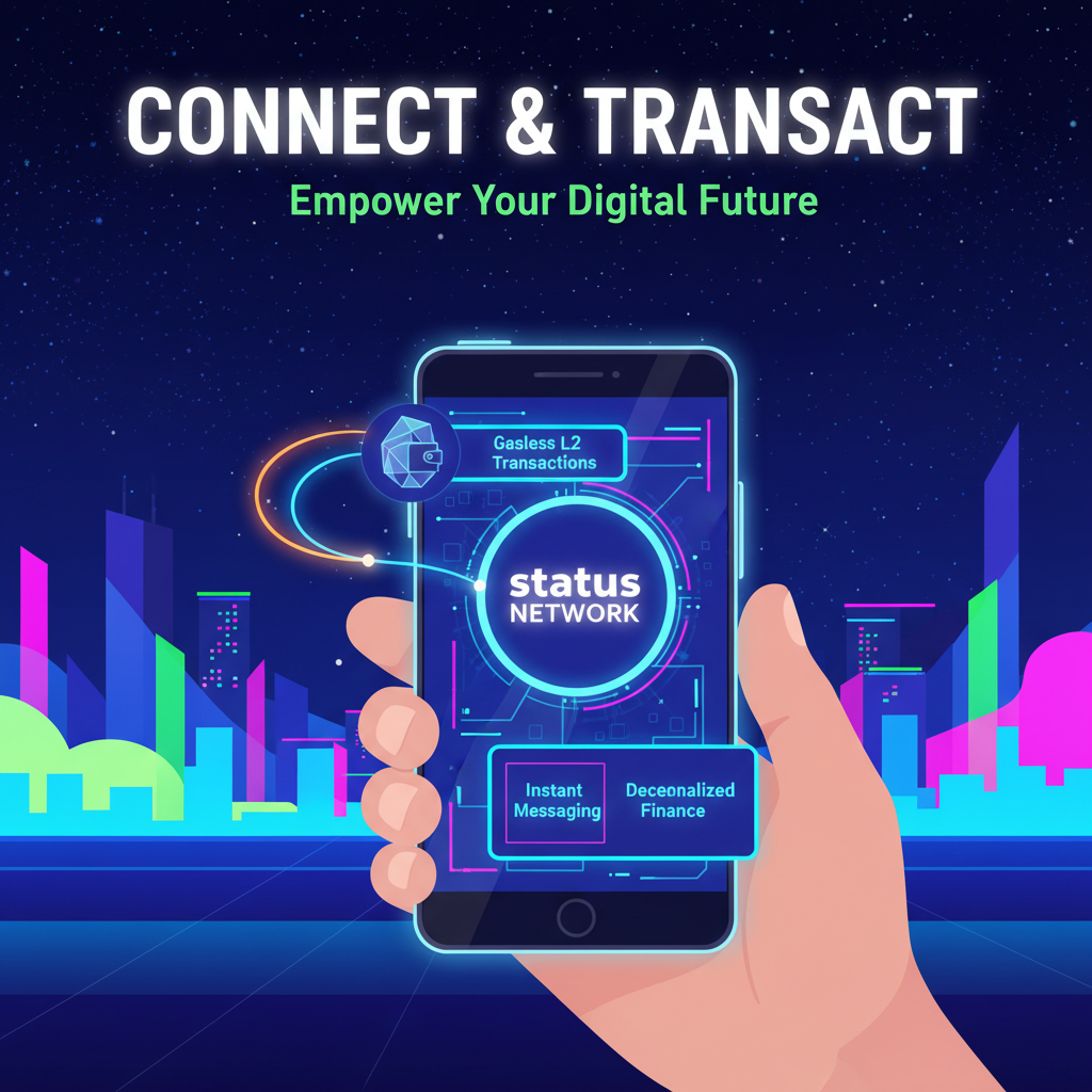 user connecting Ethereum wallet to futuristic Status Network dashboard, vibrant neon UI, gasless L2 theme, motivational