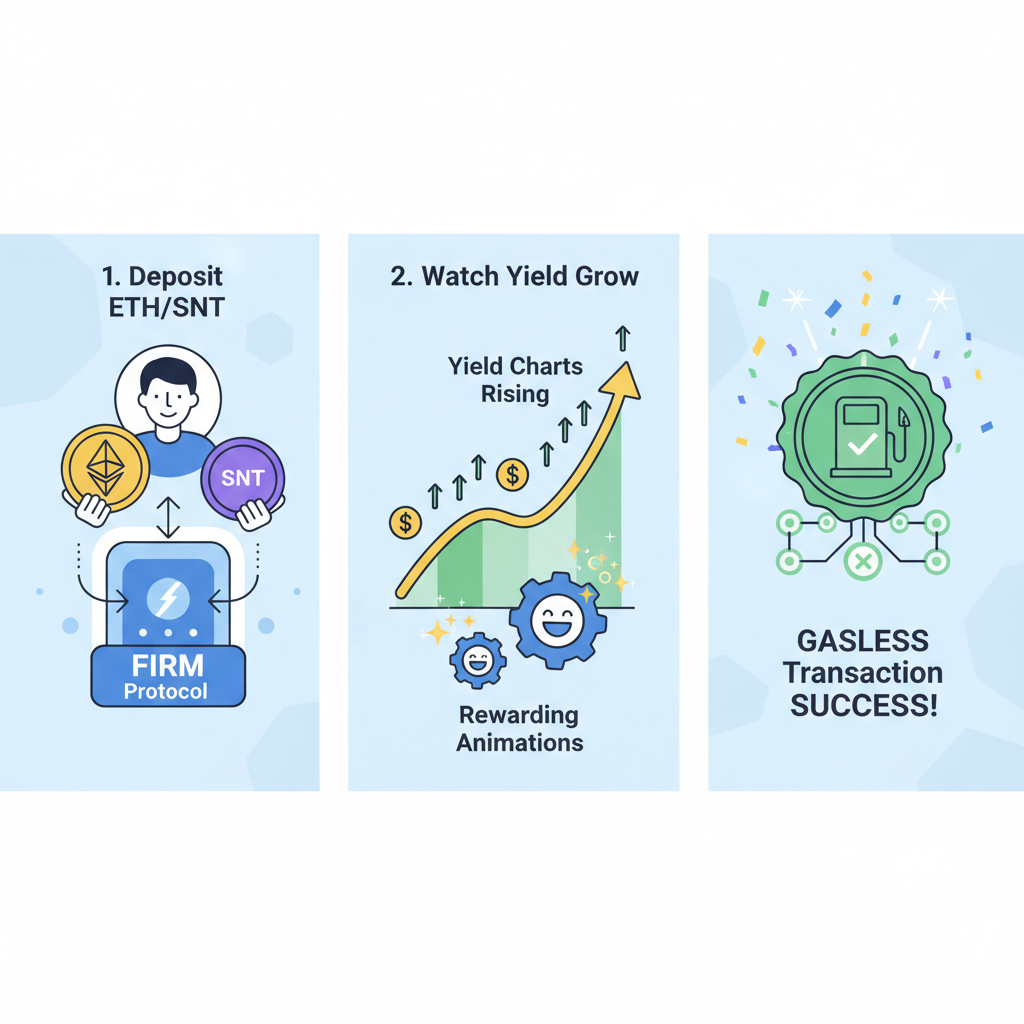user depositing ETH or SNT into FIRM protocol, yield charts rising, rewarding animations, gasless transaction success