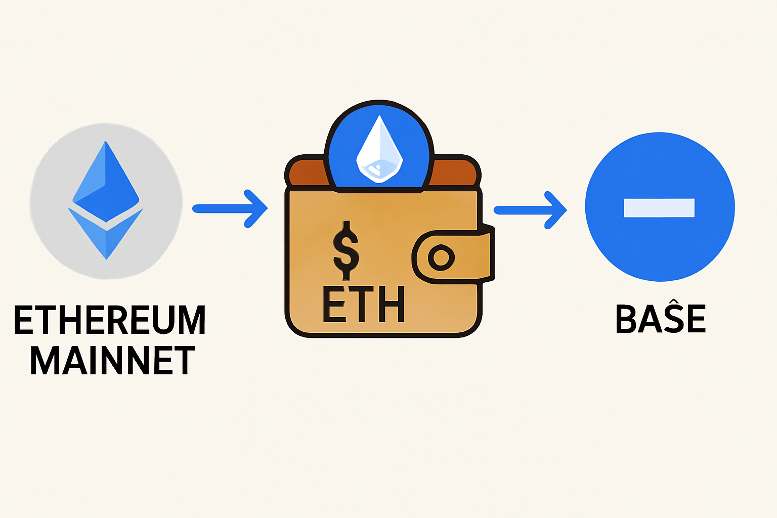 A wallet receiving ETH tokens, with arrows indicating movement from Ethereum mainnet to the Base network, and a $5 ETH label