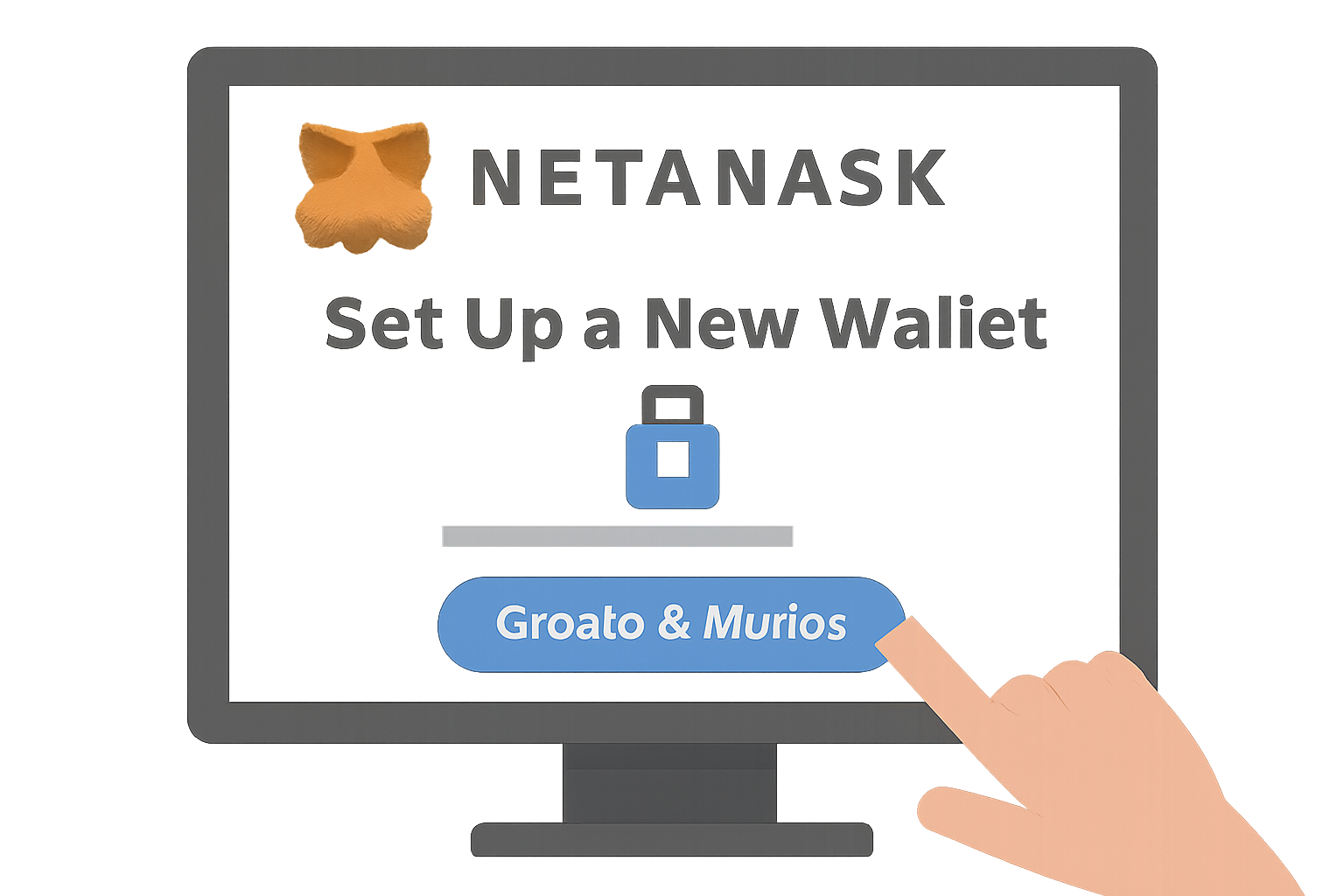 A computer screen showing the MetaMask logo and a user setting up a new wallet, with a secure lock symbol