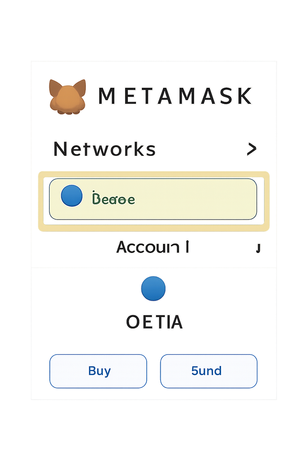 A MetaMask wallet with the Base network selected from a dropdown menu, highlighted for emphasis