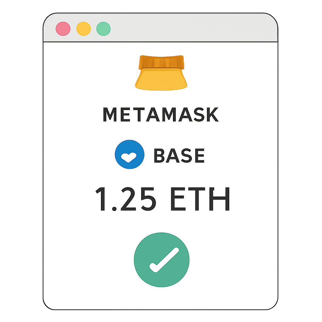 A MetaMask wallet showing an ETH balance on the Base network, with a green checkmark for confirmation
